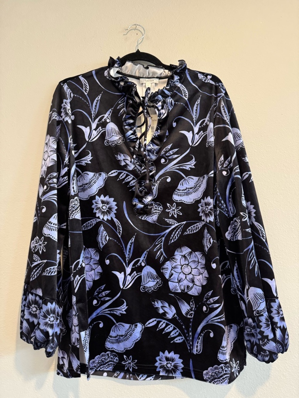 Tyler Boe Velvet Floral Ruffle Tie-Neck Blouse Peasant Boho Dressy Casual L NEW